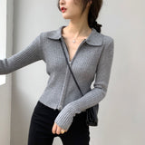 Women Cardigan Sweater Zipper and Lapel Knitted Cardigan 8t8060