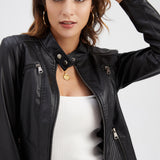 Red Leather Jacket Casual Leather Clothing Stand Collar Jacket Solid Color Women's Leather Jacket