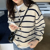 Women Knitwear Autumn Winter Retro Lapel Knitted Cardigan Loose Striped Sweater Coat