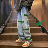 Men Jeans Flocking Embroidered Jeans Men's Spring and Autumn Loose Straight-Leg Wide-Leg Pants