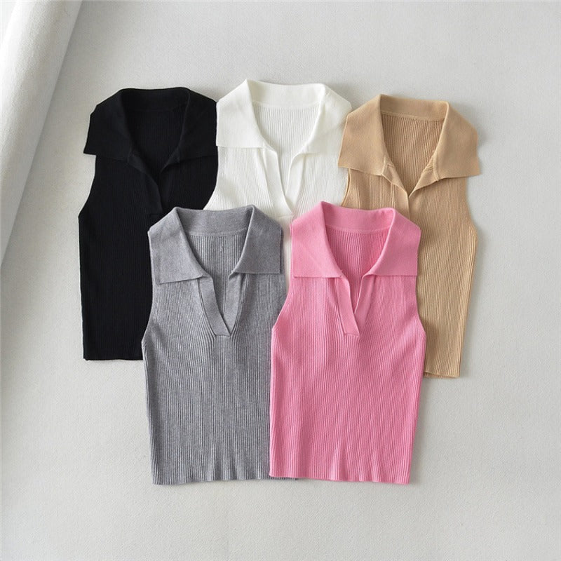 Women Sweater Knit Wear Vintage Polo Lapel Knitted Vest