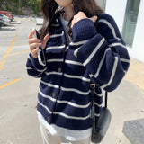 Women Knitwear Autumn Winter Retro Lapel Knitted Cardigan Loose Striped Sweater Coat