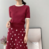 Women Knitted T-shirt Autumn round Neck Short Sweater Top
