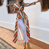 Women Trench Coat Autumn Rainbow Stripes Dress Large Coat