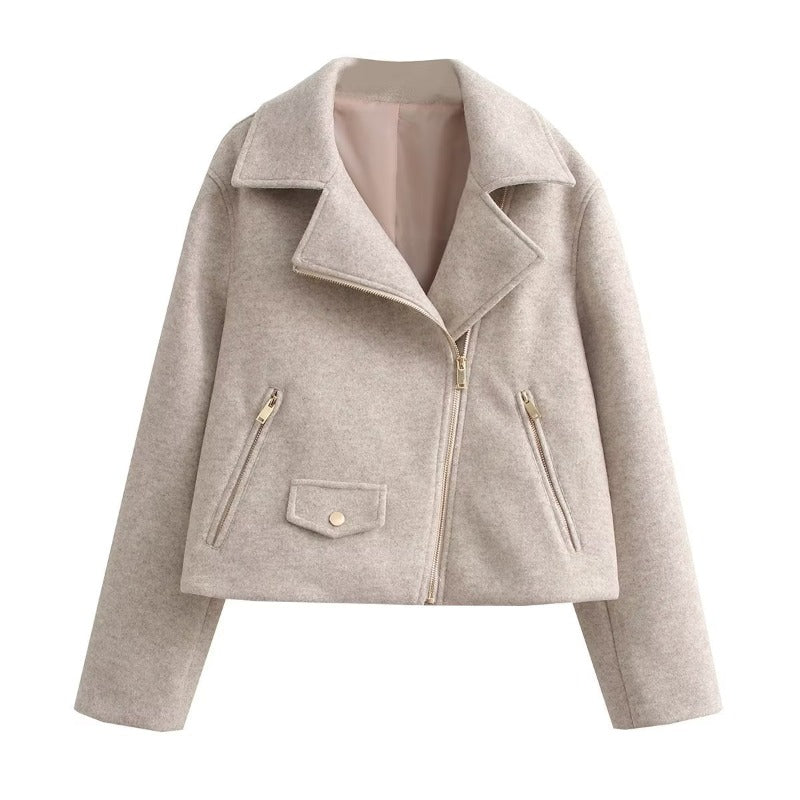 Women Jacket Fall and Winter Lapels Long Sleeve Zip Motorcycle Clothing Jacket