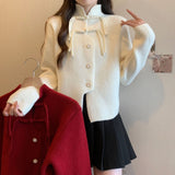 Women Knitted Cardigan Spring Knitted Cardigan Flow Stand Collar Retro Top