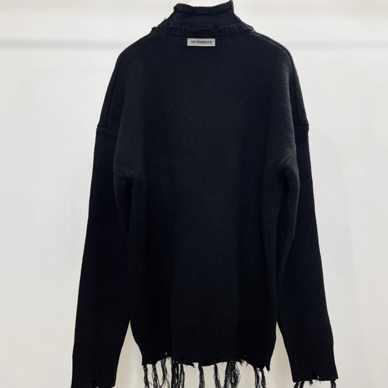 Vetements Sweater VTM Black Knitted Sweater Loose High Collar Fringed Sweater