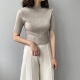 Women Knitted T-shirt Short Slim-Fit Knitted Top
