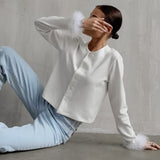 Women Trench Coat Waffle Coat Simple Feather Short round Neck Autumn and Winter