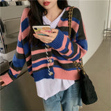 Women Knitwear Spring and Autumn Vintage Stripe V-neck Knitted Cardigan