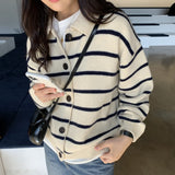 Women Knitwear Autumn Winter Retro Lapel Knitted Cardigan Loose Striped Sweater Coat