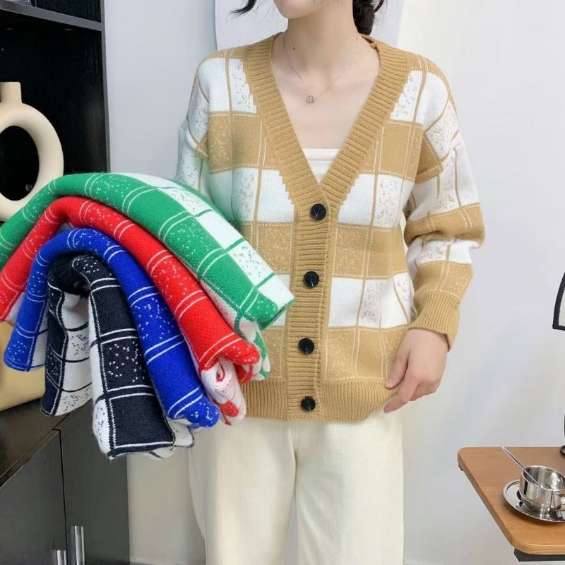 Women Knitwear Autumn and Winter V-neck Plaid Sweater Loose Knitted Cardigan