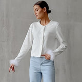 Women Trench Coat Waffle Coat Simple Feather Short round Neck Autumn and Winter
