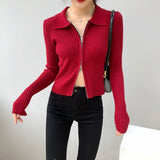 Women Cardigan Sweater Zipper and Lapel Knitted Cardigan 8t8060