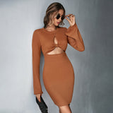 Women Dress Hollow Sexy Short Skirt Waffle Bell Sleeve Sheath Long Sleeve Dress