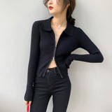 Women Cardigan Sweater Zipper and Lapel Knitted Cardigan 8t8060