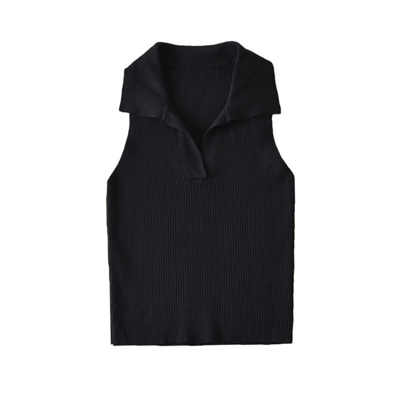 Women Sweater Knit Wear Vintage Polo Lapel Knitted Vest