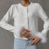 Women Trench Coat Waffle Coat Simple Feather Short round Neck Autumn and Winter