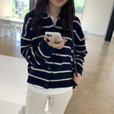 Women Knitwear Autumn Winter Retro Lapel Knitted Cardigan Loose Striped Sweater Coat