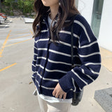 Women Knitwear Autumn Winter Retro Lapel Knitted Cardigan Loose Striped Sweater Coat