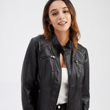 Red Leather Jacket Casual Leather Clothing Stand Collar Jacket Solid Color Women's Leather Jacket